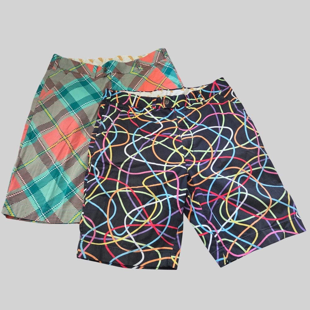Loudmouth Golf Shorts Bundle Mens 34 Spaghetti Neon Scribble & Teal Plaid 2 Pack